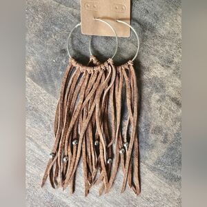 Genuine western style brown leather fringe earrings with silver hoops and beads